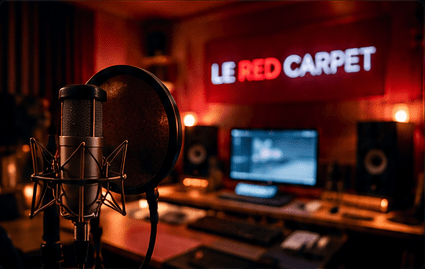 A professional studio microphone with a pop filter in the foreground, with a computer monitor, speakers, and a sign reading LE RED CARPET in the background.