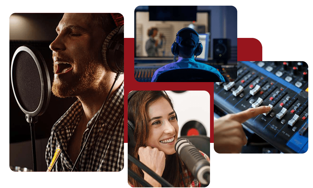 A collage showing audio recording elements: a man singing into a mic, a sound engineer at a mixing console, a woman speaking on a podcast, and a hand adjusting a mixer slider.